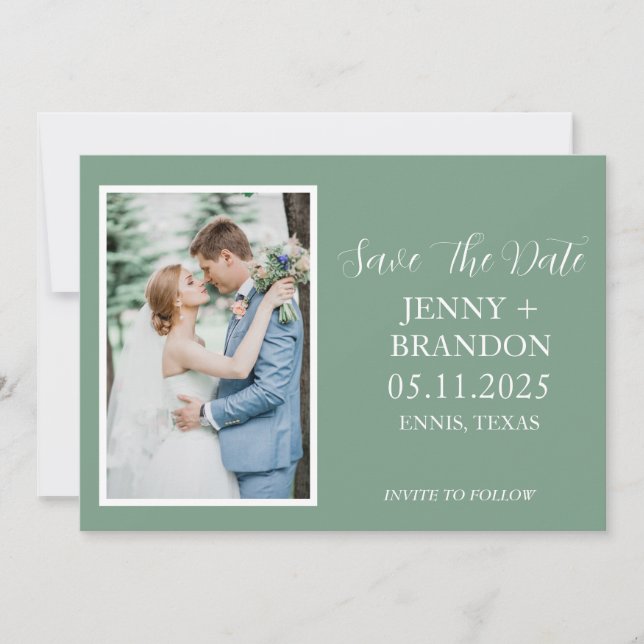 Sage Green Casual Script Photo Romantic Save The Date (Front)