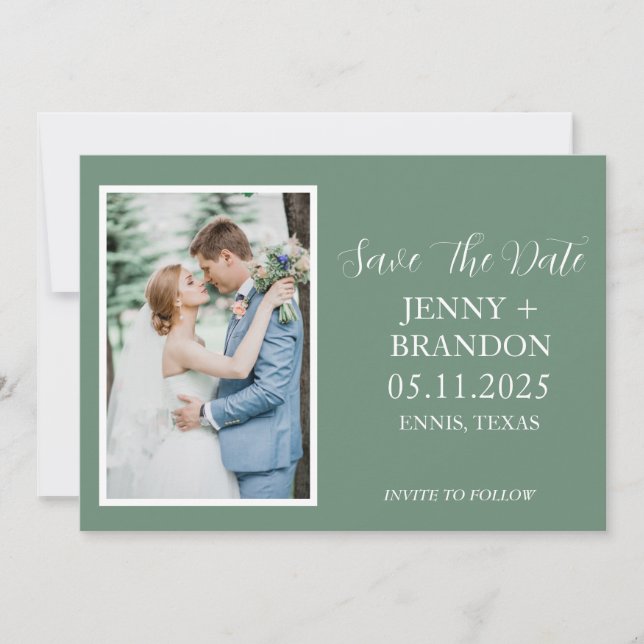 Sage Green Casual Script Photo Romantic Save The Date (Front)