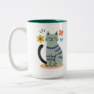 Sage Green Cat Boho Floral Mid Century Art Two-Tone Coffee Mug