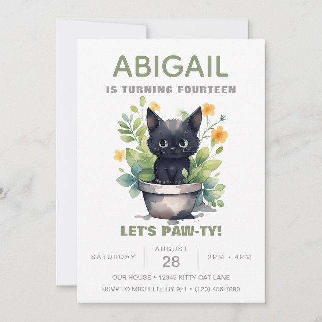 Sage Green Cat Houseplant Trendy Kitten Birthday Invitation (Front)