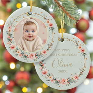 Sage Green Celestial Baby First Christmas Photo Ceramic Tree Decoration