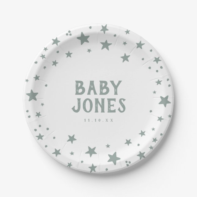 Sage Green Celestial Stars Baby Shower Paper Plate (Front)