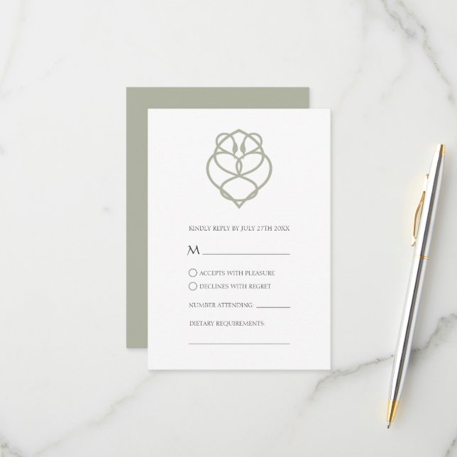 Sage Green Celtic Irish Swan Love Knot Wedding RSVP Card (Front/Back In Situ)
