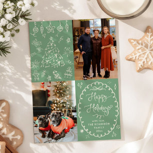 Sage Green Chalk Hand Drawn Happy Holidays 2 Photo Holiday Card