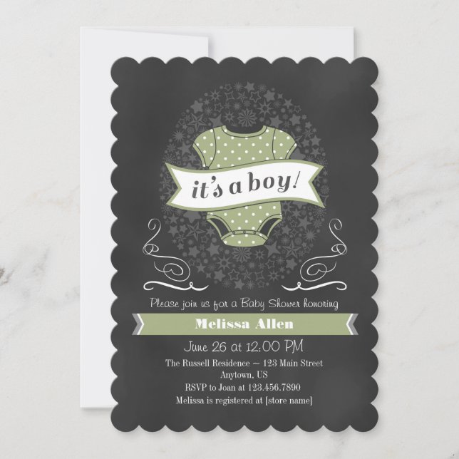 Sage Green Chalkboard Boy Baby Shower Invite (Front)