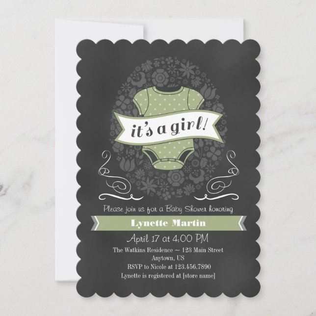 Sage Green Chalkboard Girl Baby Shower Invite (Front)