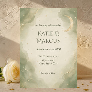 Sage Green Champagne Celestial Wedding Invitation