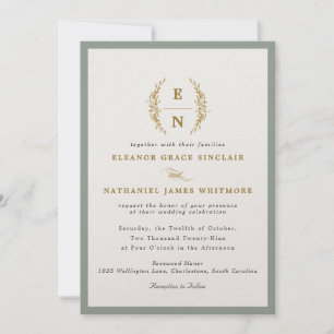 Sage Green & Champagne Gold Monogram Wedding  Invitation