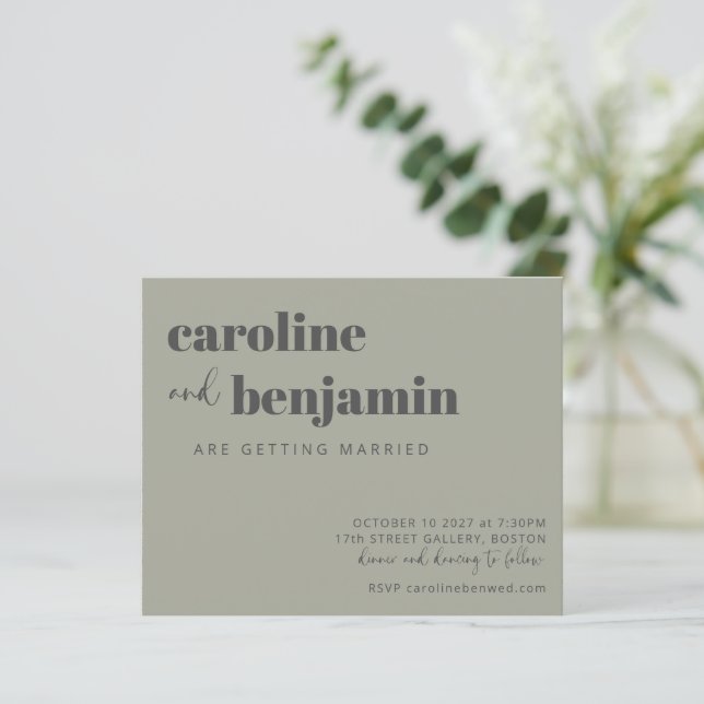 Sage Green Charcoal Modern Budget Wedding Invite (Standing Front)
