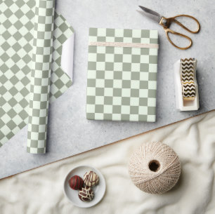 Sage Green Checker Checkerboard Checkered Retro Wrapping Paper