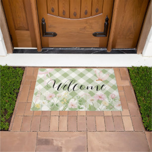 Sage Green Checkers Floral Doormat