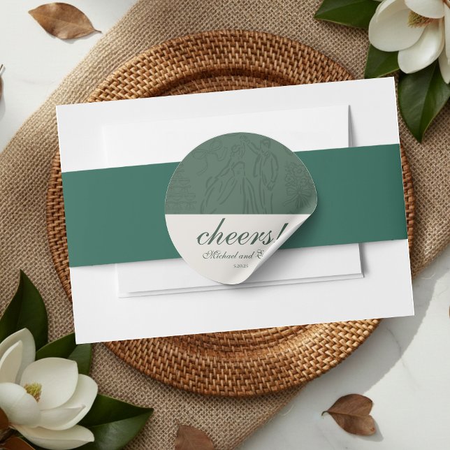 Sage Green Cheers Elegant Personalised Wedding Classic Round Sticker (Sage Green Cheers Elegant Personalized Wedding Classic Round Sticker)