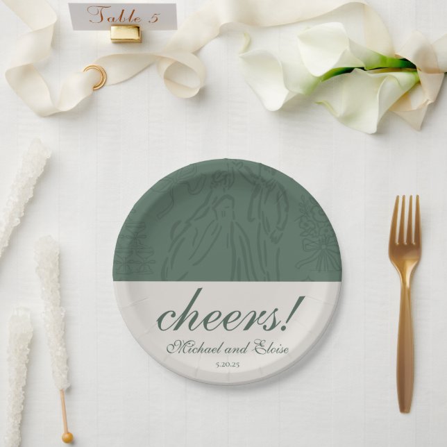 Sage Green Cheers Elegant Personalised Wedding Paper Plate (Wedding)