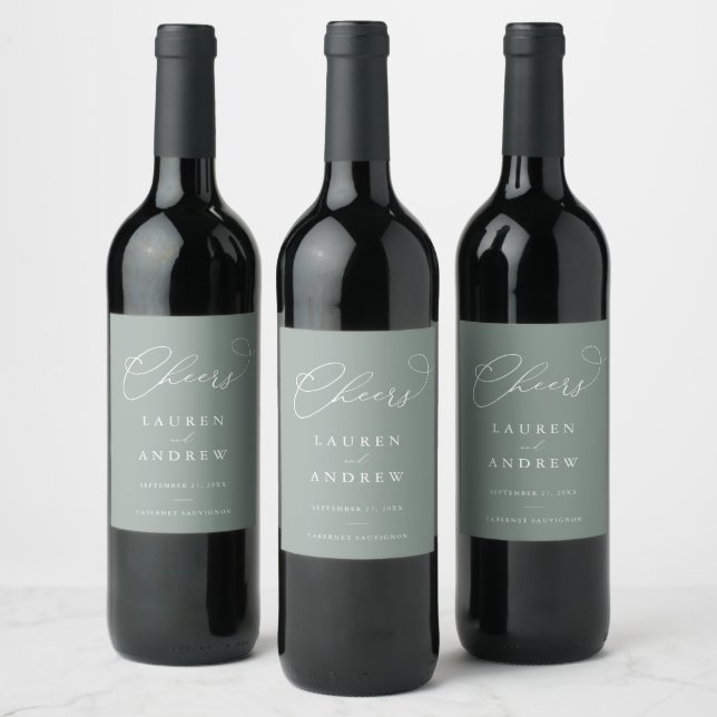 Sage Green Cheers Elegant Wedding Wine Label (Bottles)