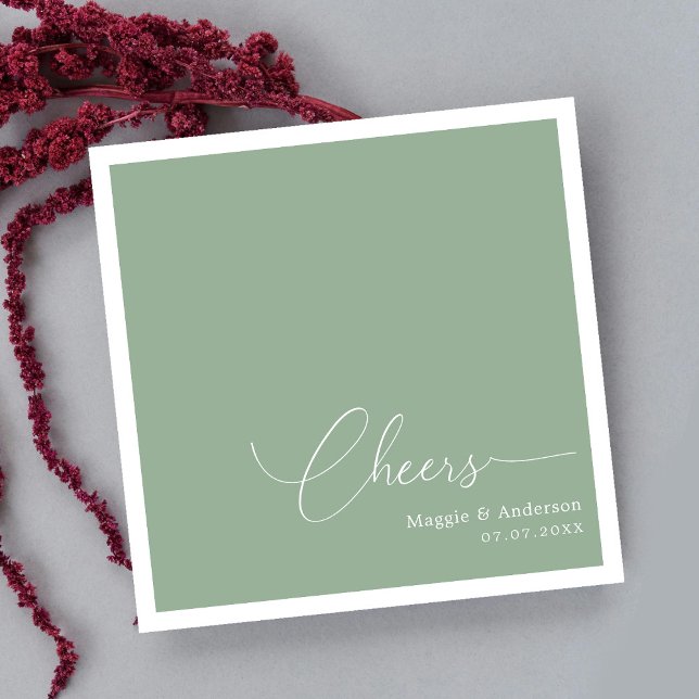 Sage Green Cheers Script Wedding Napkin (Simplicity in Style: Cheers to Forever Wedding Napkins)