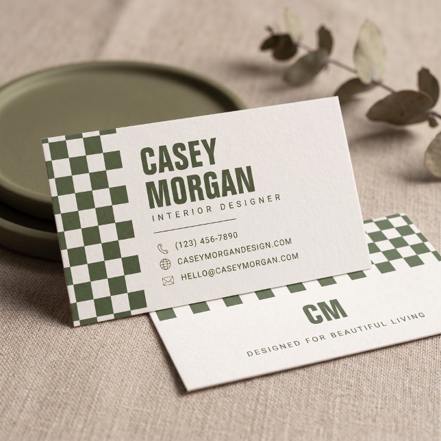 Sage Green Chequerboard Modern Business Card (Simulated business cards on table)