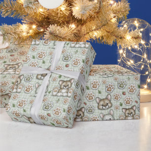 Sage Green Chequered Kitten Paw Print Wrapping Pap Paper