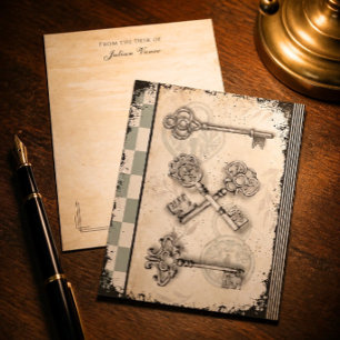Sage Green Chequered Vintage Keys Dark Academia Card