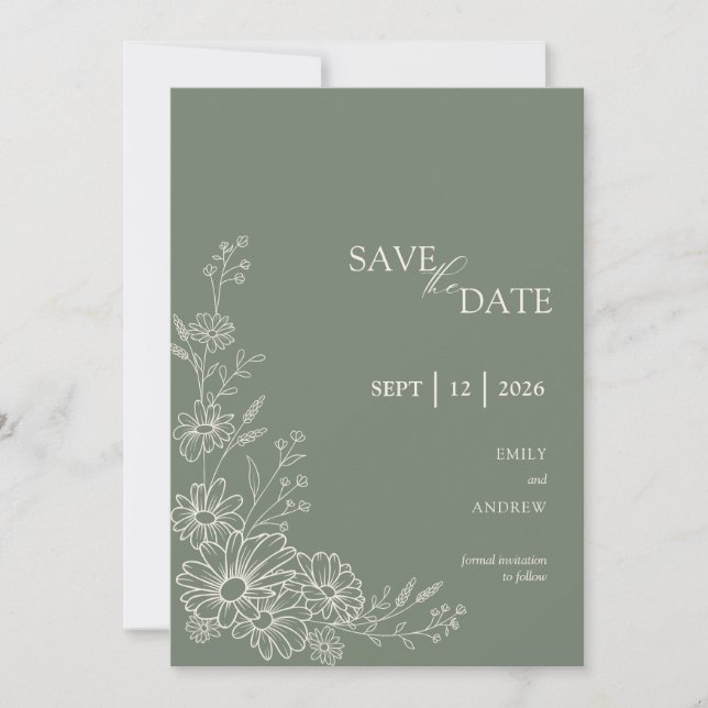 Sage Green Chic Botanical Daisy Garden Wedding Save The Date (Front)