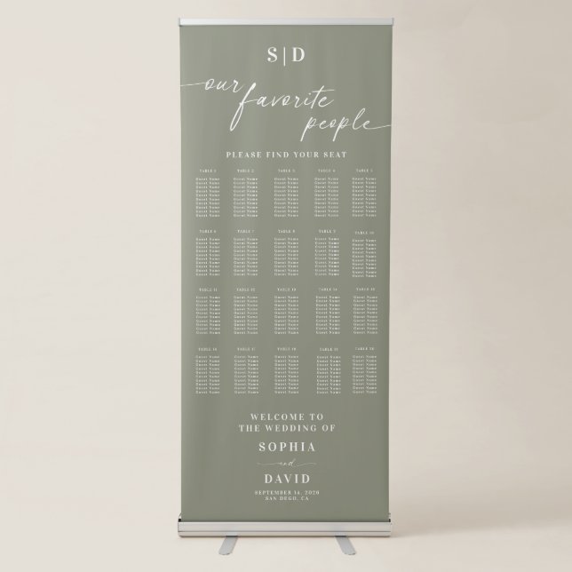 Sage Green Chic Calligraphy Wedding Seating Chart Retractable Banner (Front)