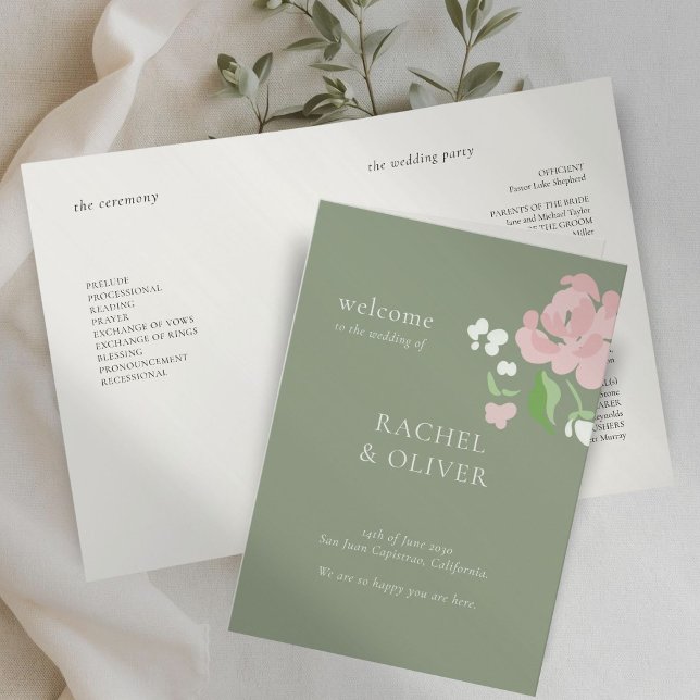 Sage Green | Chic Floral Wedding Folded Program Programme (Creator Uploaded)