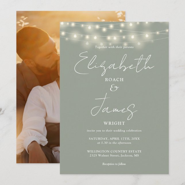 Sage Green Chic String Lights Script Photo Wedding Invitation (Front/Back)