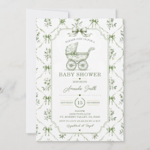 Sage Green Chinoiserie Baby Shower Carriage Floral Invitation