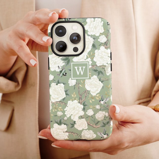 Sage Green Chinoiserie Bird Peony Garden Monogram Case-Mate iPhone Case (Creator Uploaded)