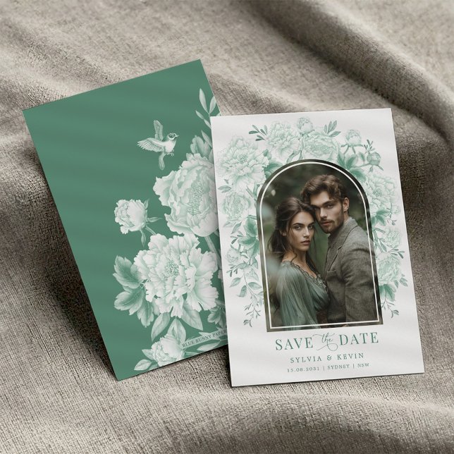 Sage Green Chinoiserie Bird Peony Save the Date Invitation (Creator Uploaded)