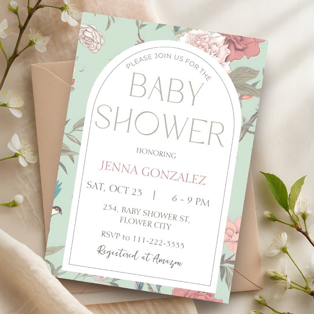 Sage Green Chinoiserie Botanical Baby Shower Invitation (Sage Green Chinoiserie Botanical Baby Shower Invitation)