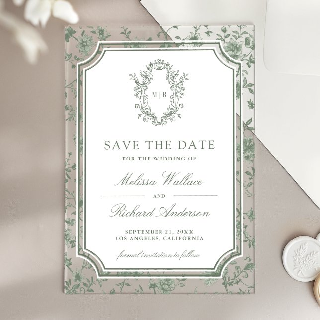 Sage Green Chinoiserie Crest Wedding Save the Date Acrylic Invitations (Creator Uploaded)