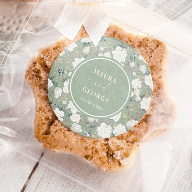 Sage Green Chinoiserie Floral Birds Wedding Classic Round Sticker (Creator Uploaded)