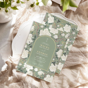 Sage Green Chinoiserie Floral Garden Wedding Invitation