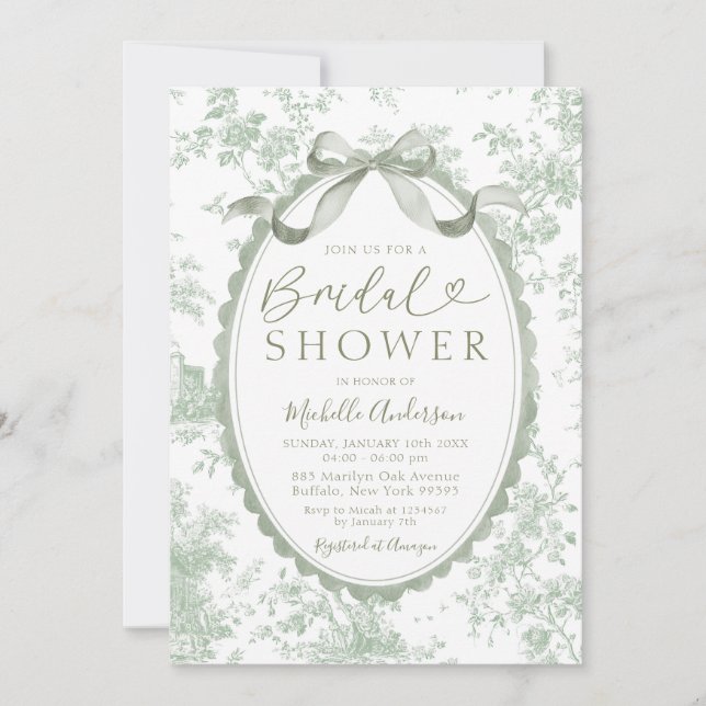 Sage Green Chinoiserie Floral Toile Bridal Shower Invitation (Front)