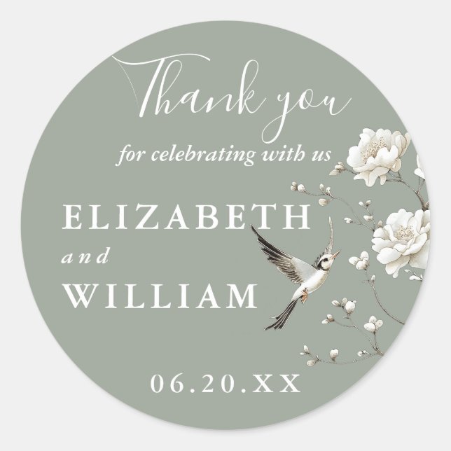 Sage Green Chinoiserie Floral Wedding Thank You Classic Round Sticker (Front)