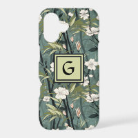 Sage Green Chinoiserie Floral White Initial 