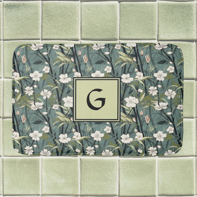 Sage Green Chinoiserie Floral White Initial  Bath Mat (Creator Uploaded)