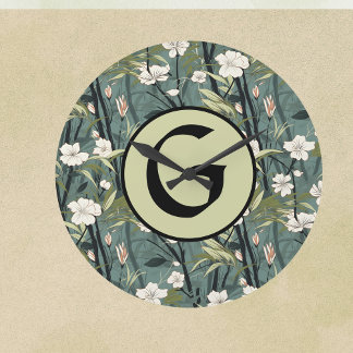 Sage Green Chinoiserie Floral White Initial  Large Clock