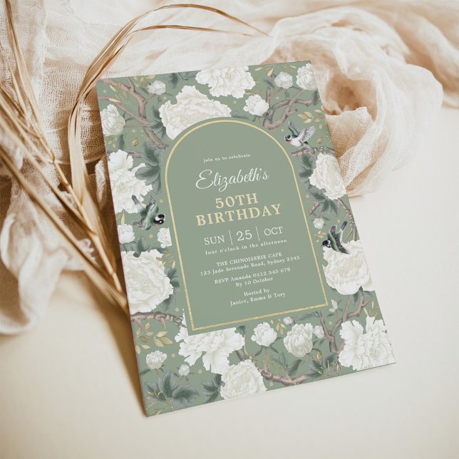 Sage Green Chinoiserie Floral Women 50th Birthday Invitation (Creator Uploaded)