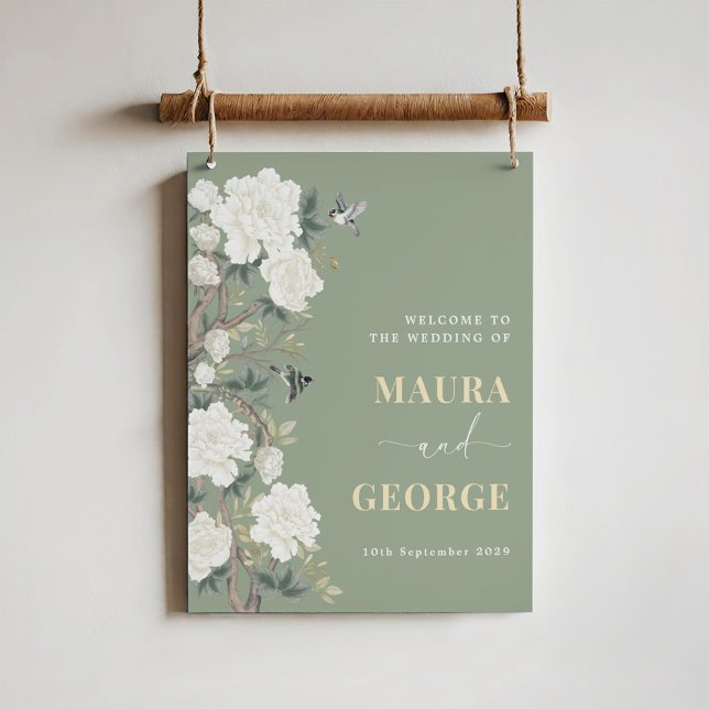 Sage Green Chinoiserie Flower Bird Wedding Welcome Poster (Creator Uploaded)