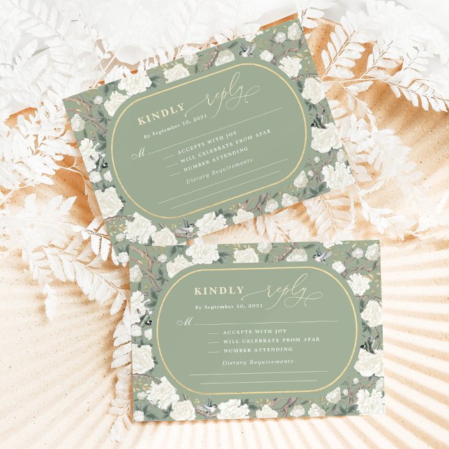 Sage Green Chinoiserie Ivory Flowers Wedding RSVP Card (Creator Uploaded)