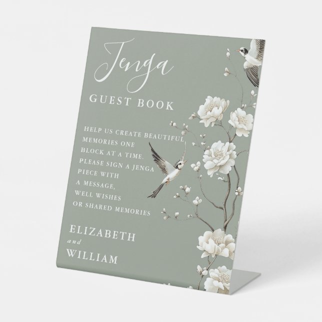 Sage Green Chinoiserie Jenga Guest Book Wedding Pedestal Sign (Front)