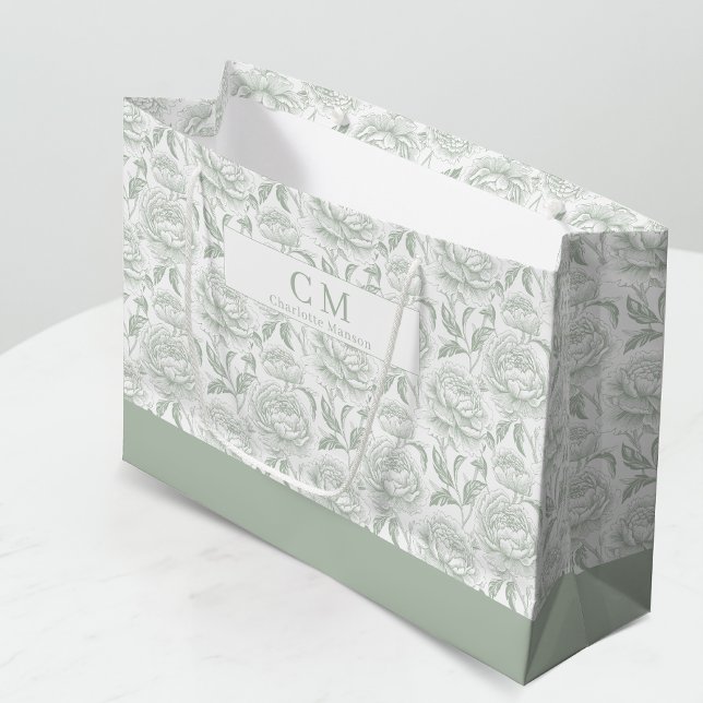 Sage Green Chinoiserie Peonies Monogram Large Gift Bag (Creator Uploaded)