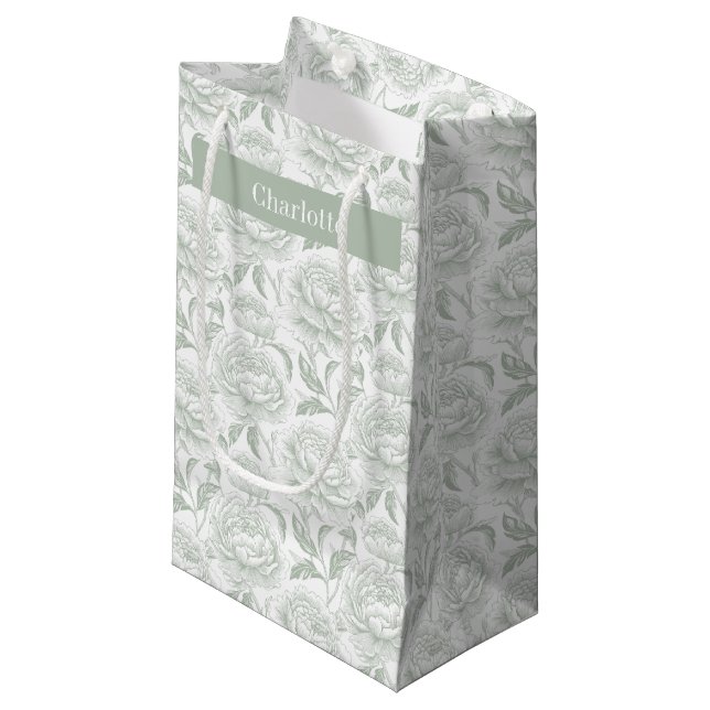 Sage Green Chinoiserie Peonies Small Gift Bag (Front Angled)