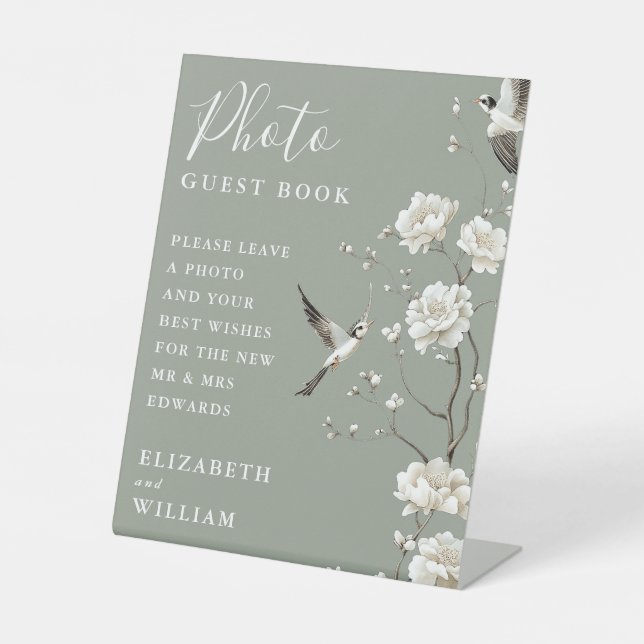 Sage Green Chinoiserie Photo Guest Book Wedding Pedestal Sign (Front)