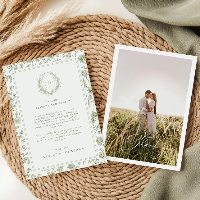 Sage Green Chinoiserie Photo Wedding Thank You Card (Creator Uploaded)