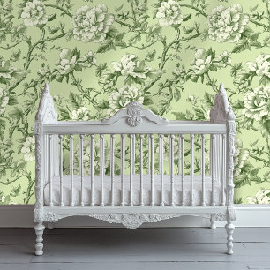 Sage Green Chinoiserie Style Floral Wallpaper