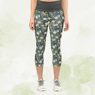 Sage Green Chinoiserie Tropical White Gold Floral Capri Leggings