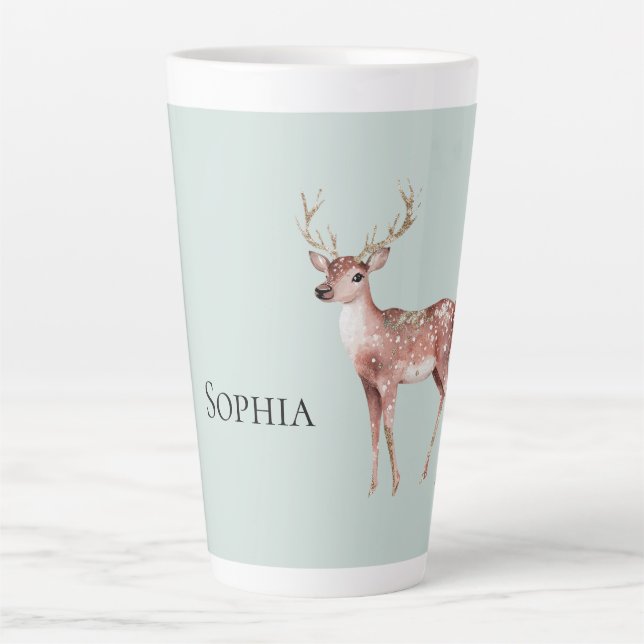 Sage Green Christmas Deer Personalised Latte Mug (Front)