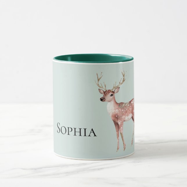 Sage Green Christmas Deer Personalised Mug (Center)